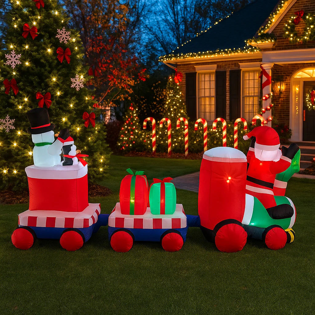 7.8FT Outdoor Holiday Decoration Santa Claus Train Inflatable Christmas Decor Xmas Yard Party Ornaments Lights Home Toys Prop