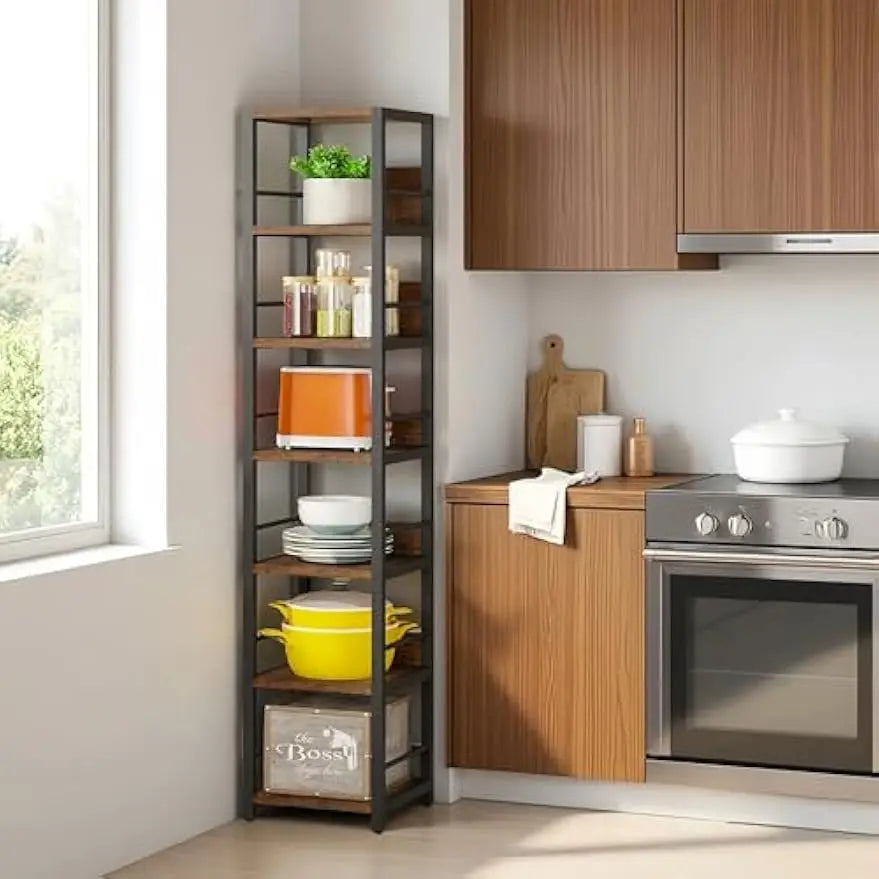 LITTLE TREE 6-Tier Narrow Corner Shelf, 74.8-Inch Bookshelf,Industrial Display Bookcase for Small Spaces,Bathroom,Kitchen