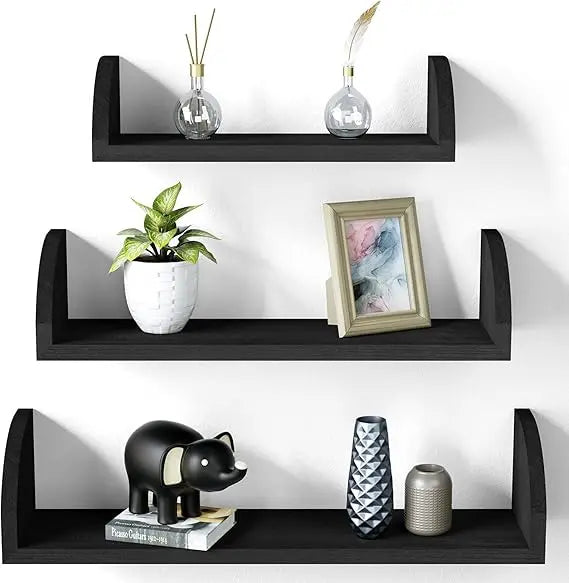 Floating Shelves Wall Mounted, Solid Wood Shelves Wall Bookshelves Set of 3 for Bedroom, Living Room, Bathroom, Kitchen - Black