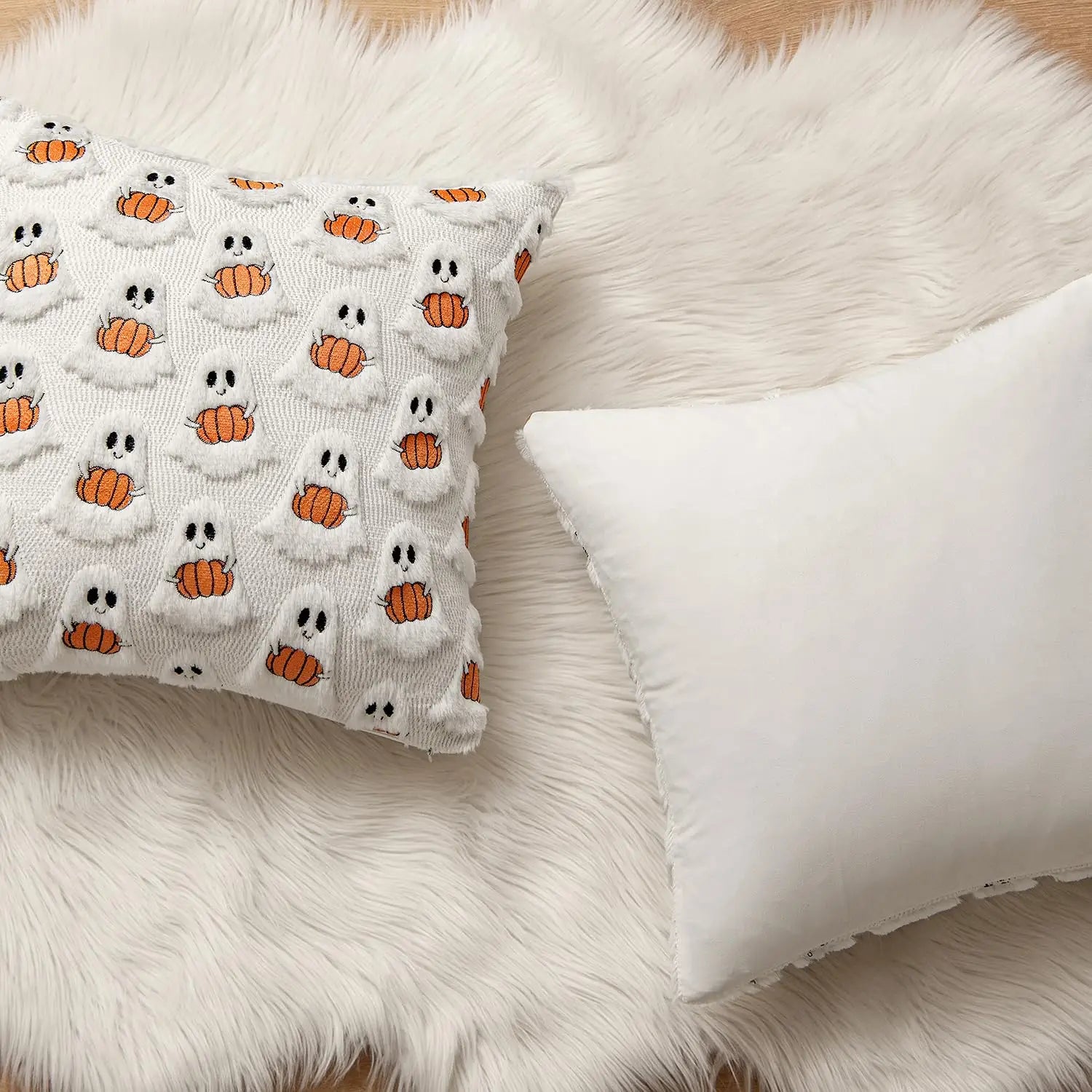 Ghost Pumpkin Plush Faux Fur Pillow Covers 18x18 Inch Soft Halloween Decor for Sofa Couch Bed Living Room, White Bright Orange
