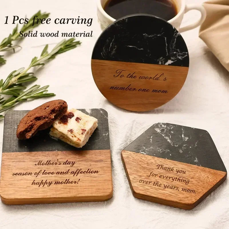 Free Custom Personalized Marble Acacia Wood Coaster Gifts for Colleagues and Friends Insulation Coaster Stone and Wood Splicing