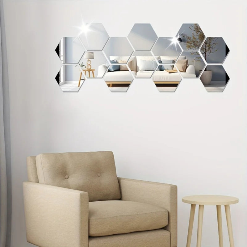 12 Hexagonal 3D Mirror Wall Stickers, Self-adhesive DIY Decoration for Living Room, Bedroom, Bathroom, Irregular Shapes