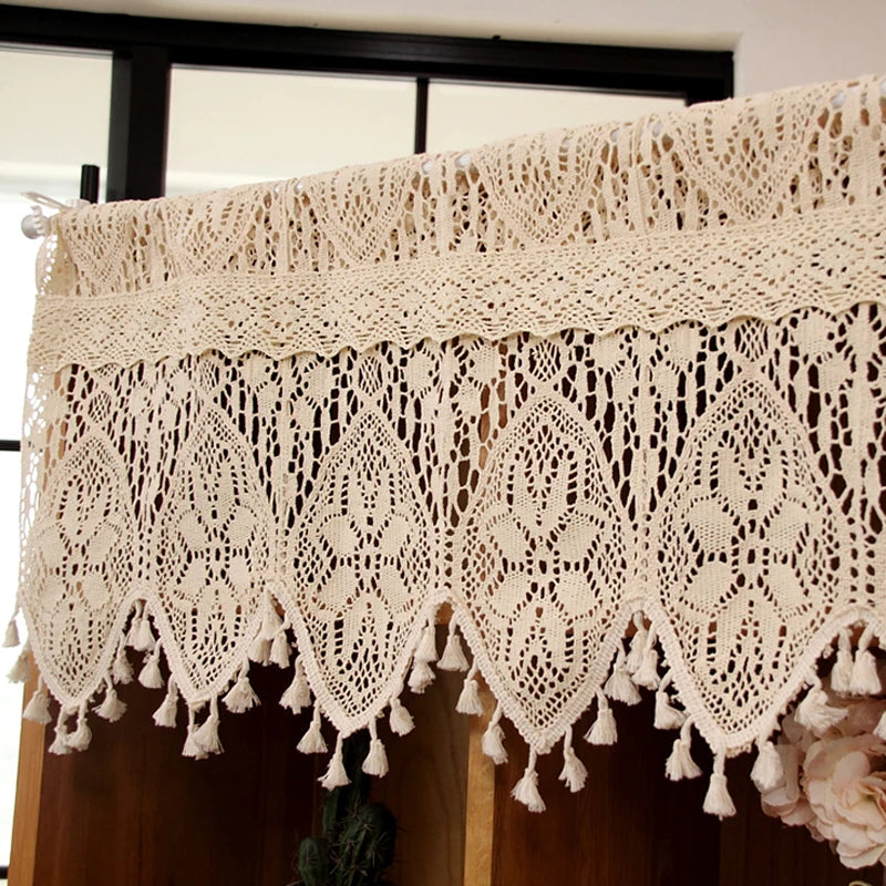Retro Crochet Curtains Valance Kitchen Window Curtain Tiers Rod Pocket Farmhouse Short Curtains for Room Divider Doorway Curtain